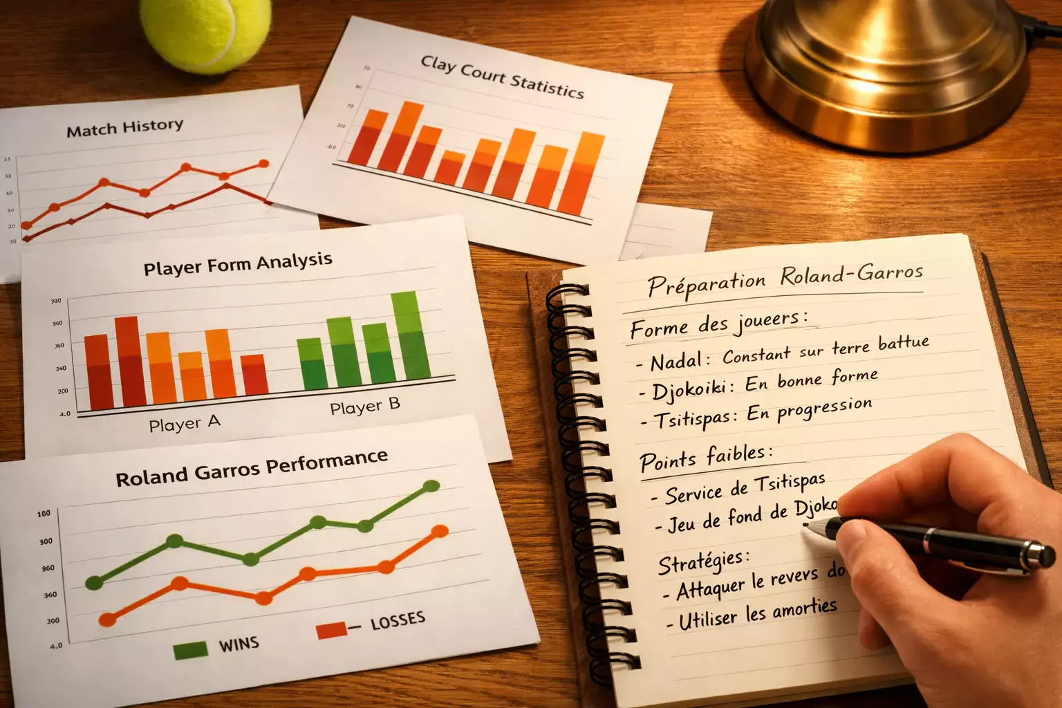Analyste étudiant des statistiques de matchs de tennis sur documents