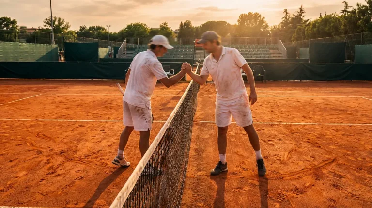 Deux joueurs de tennis se serrant la main au filet sur un court en terre battue après un match
