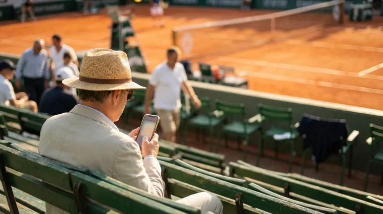 Spectateur dans les tribunes de Roland Garros tenant un smartphone devant le court en terre battue