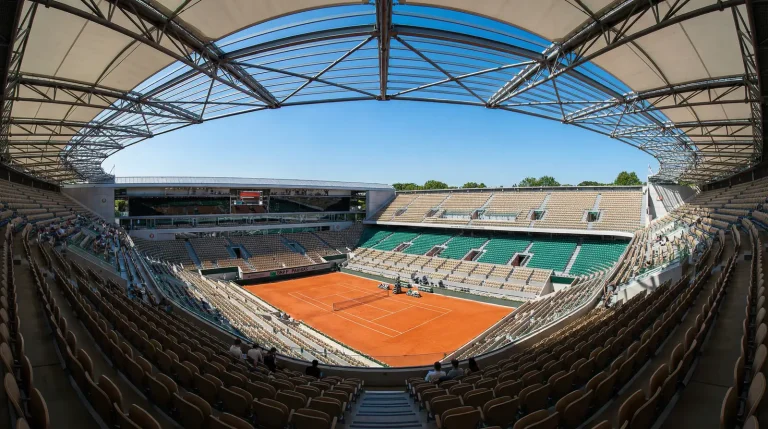 Vue panoramique du court Philippe-Chatrier à Roland Garros avec tribunes et terre battue orangée