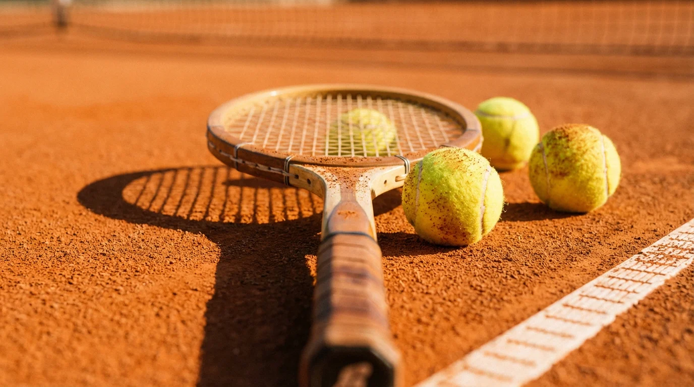 Raquette de tennis posée sur la terre battue avec des balles de tennis jaunes au soleil