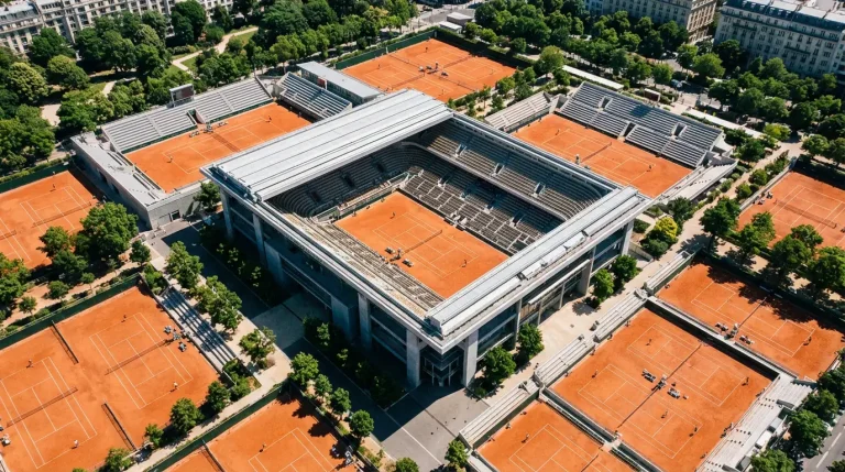 Vue aérienne du complexe de Roland Garros avec ses courts en terre battue et le stade Philippe-Chatrier