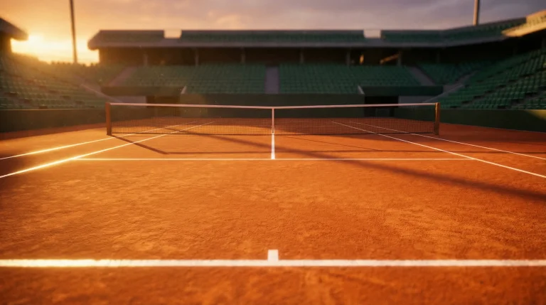 Court de tennis en terre battue de Roland Garros avec filet et lignes blanches sous la lumière du soleil