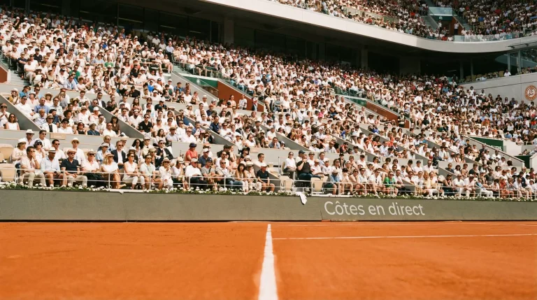 Tribunes remplies de spectateurs regardant un match de tennis sur terre battue à Roland Garros