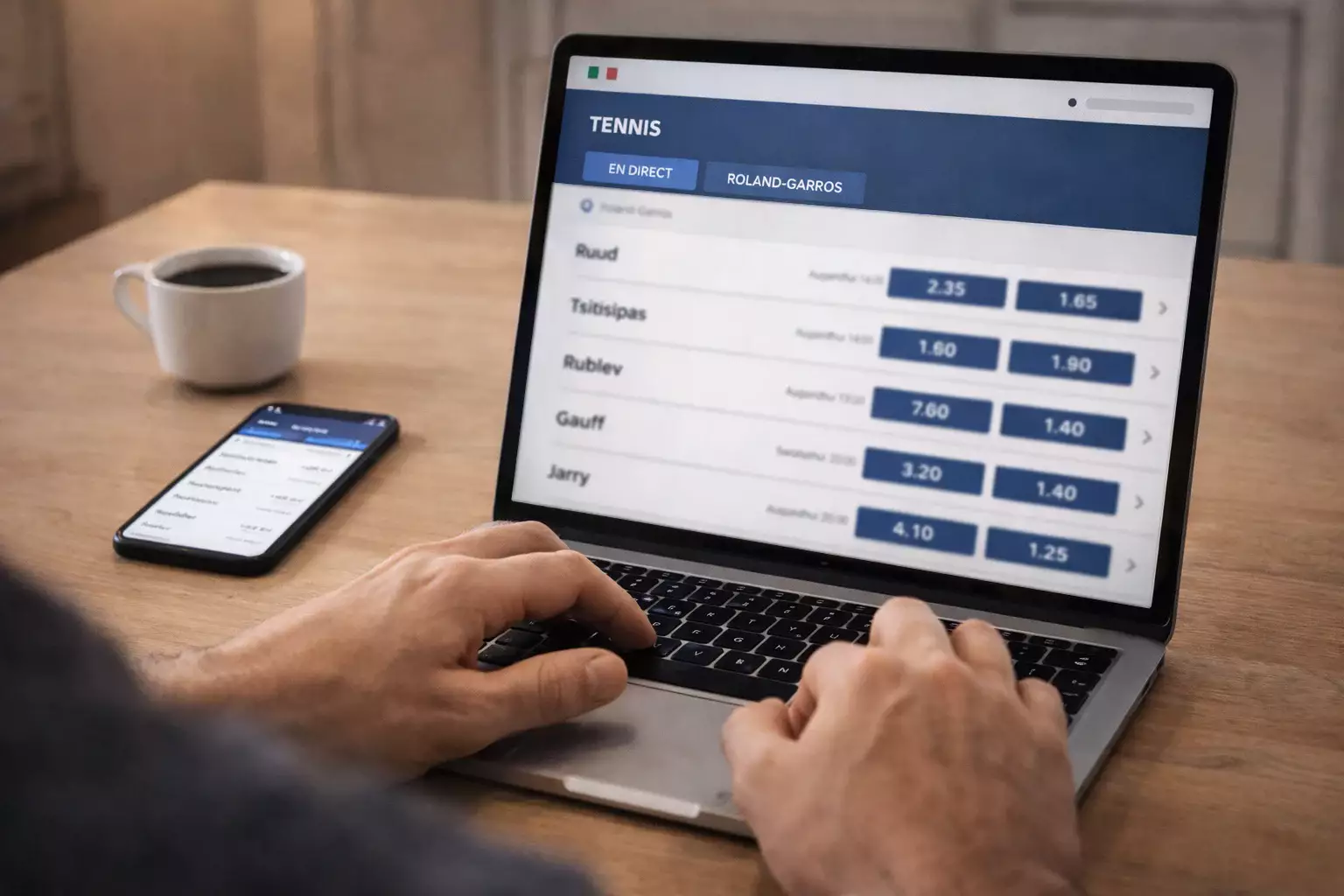 Interface de paris sportifs affichant des cotes de matchs de tennis