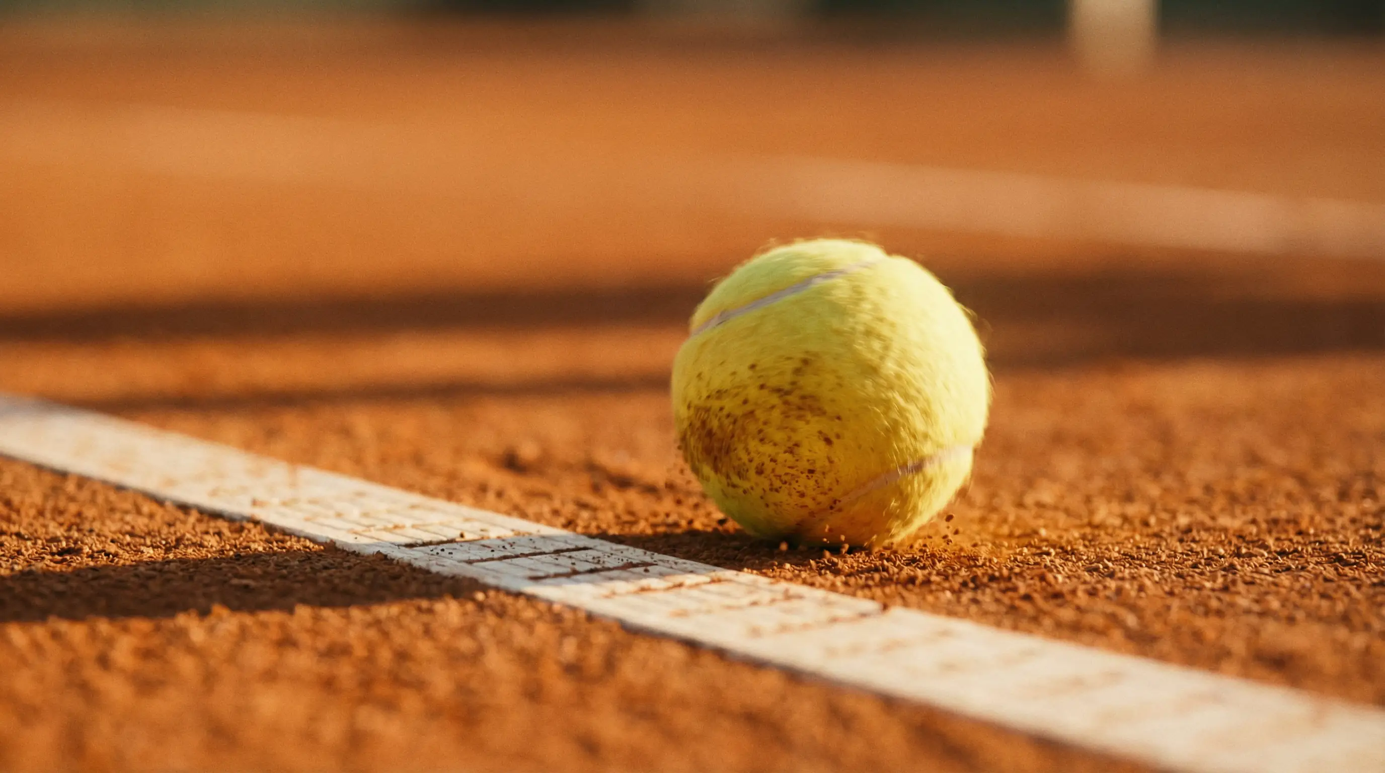 Balle de tennis roulant lentement sur la terre battue rouge près de la ligne de fond de court