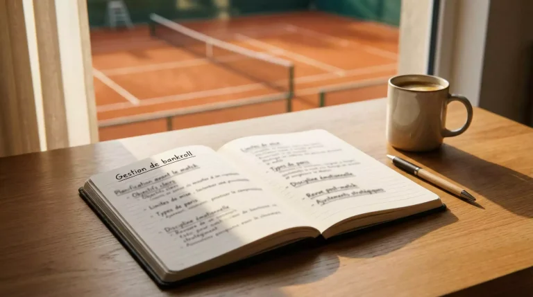 Carnet de notes ouvert avec un stylo posé sur une table à côté d'un court de tennis en terre battue