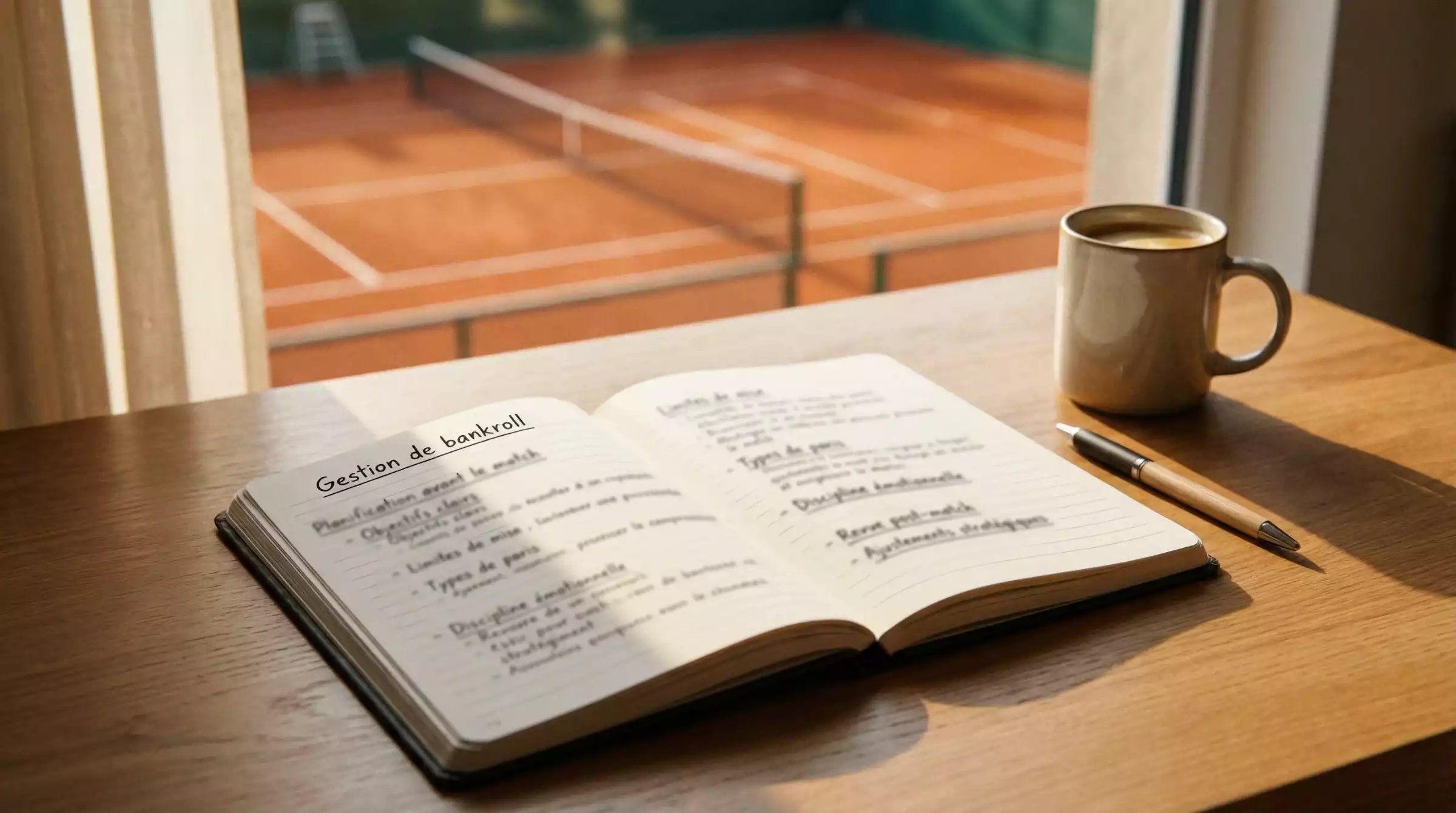 Carnet de notes ouvert avec un stylo posé sur une table à côté d'un court de tennis en terre battue