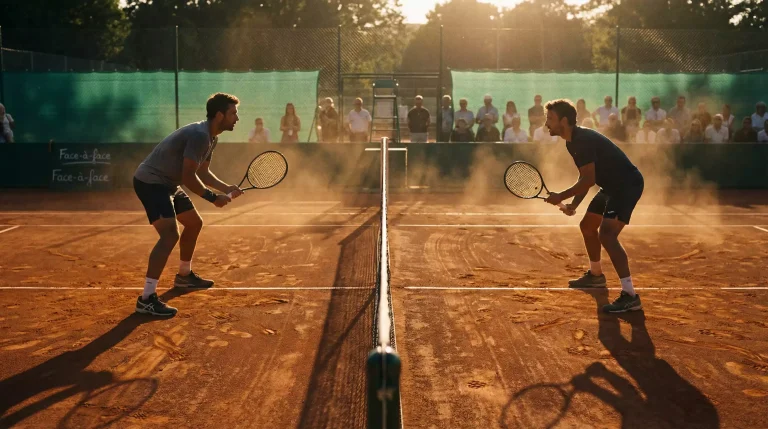 Deux joueurs de tennis face à face de chaque côté du filet sur un court en terre battue à Roland Garros