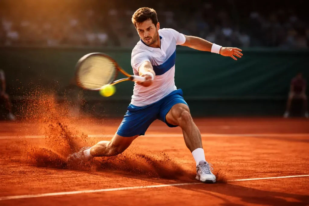 Court de tennis sur terre battue de Roland Garros avec filet et lignes blanches