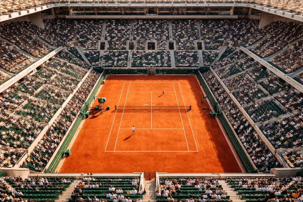 Vue aérienne du court central de Roland Garros pendant un match