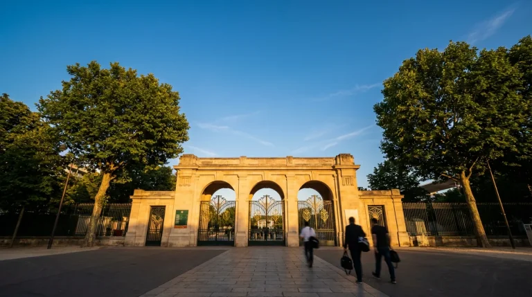 L'entrée principale de Roland Garros avec la façade du stade et les logos du tournoi sous un ciel bleu