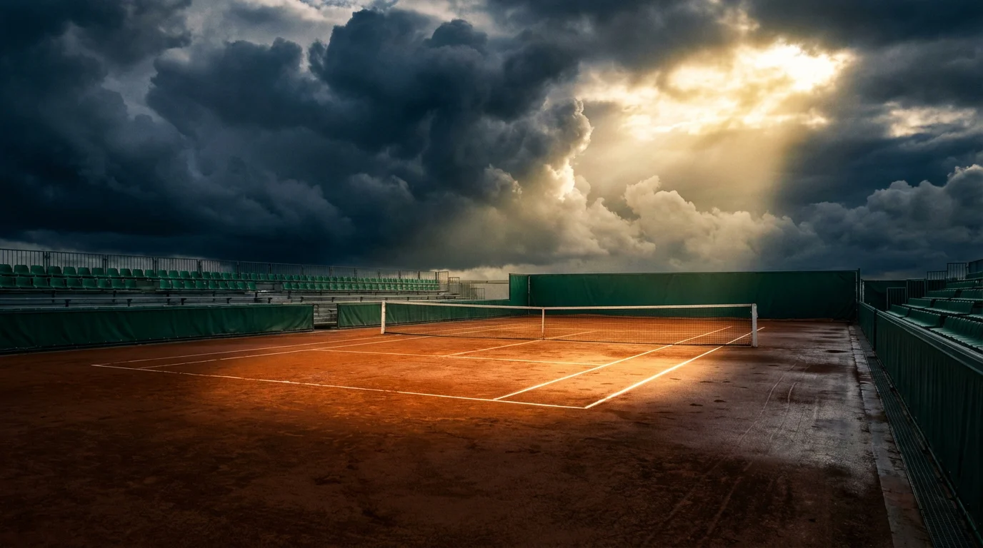 Court de tennis en terre battue à Roland Garros sous un ciel nuageux avec le soleil perçant les nuages