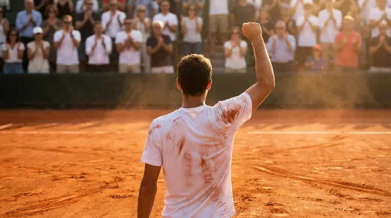 Joueur de tennis levant le poing en célébrant une victoire surprise sur un court en terre battue