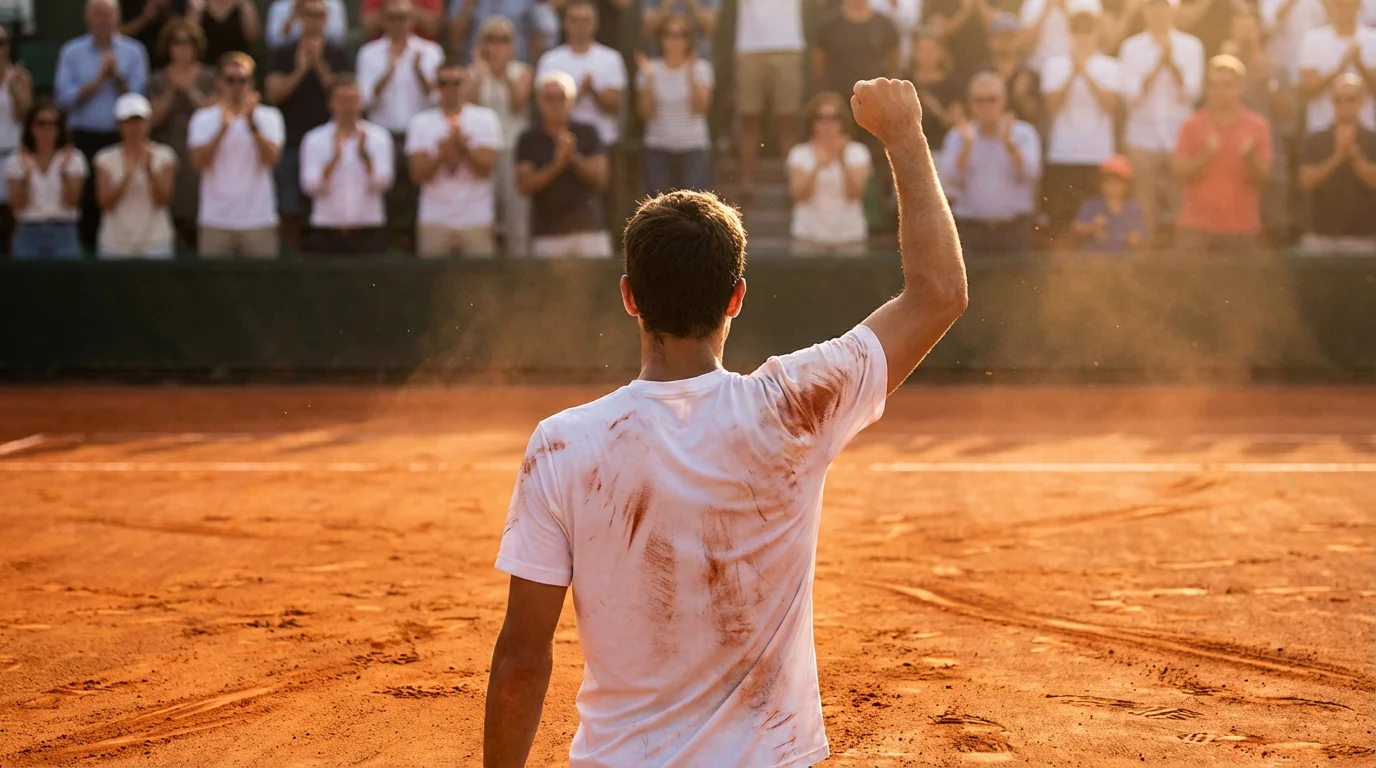 Joueur de tennis levant le poing en célébrant une victoire surprise sur un court en terre battue