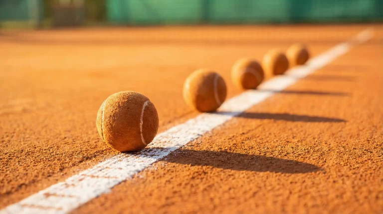 Plusieurs balles de tennis alignées sur la terre battue rouge le long de la ligne blanche du court
