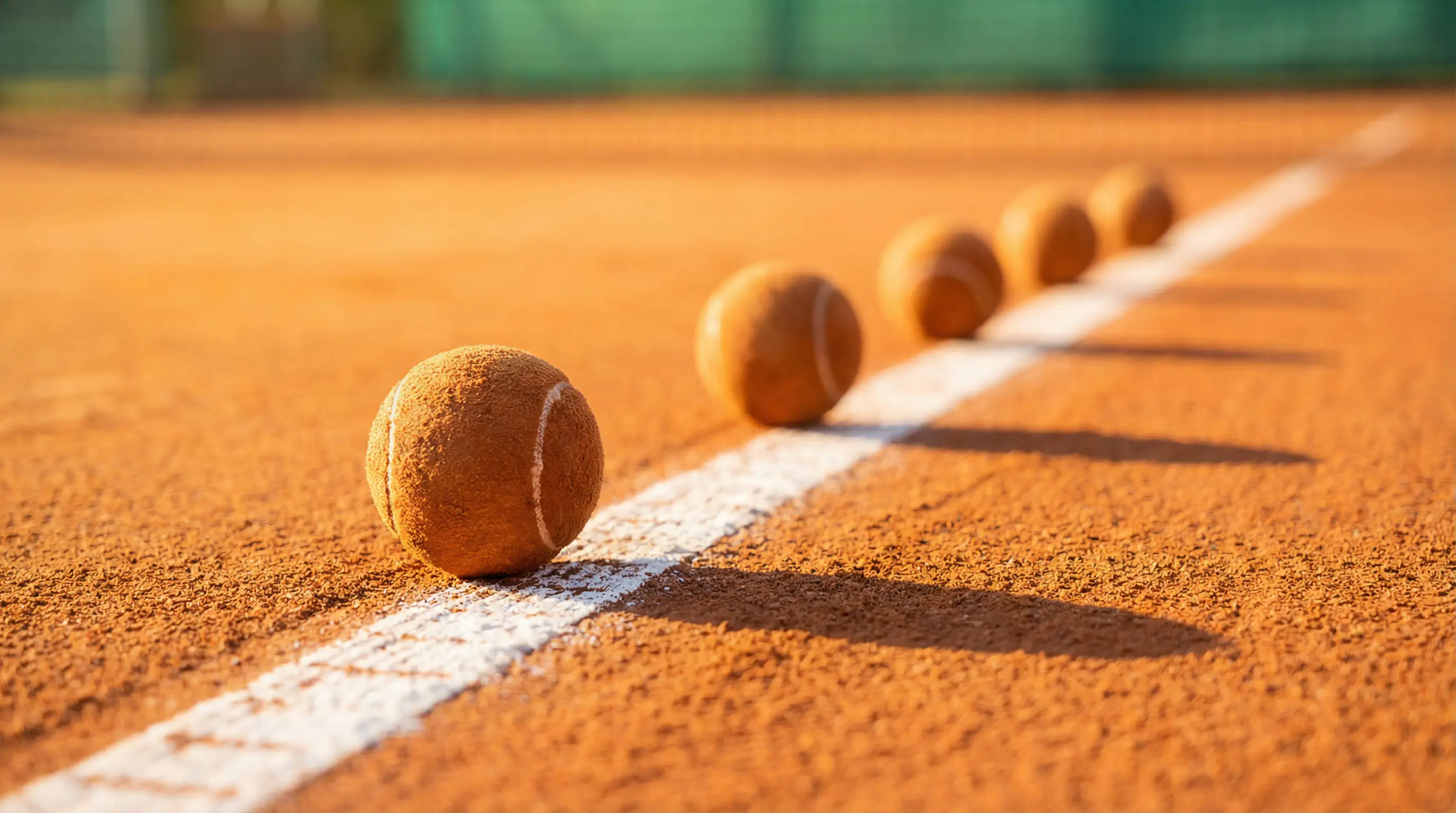Plusieurs balles de tennis alignées sur la terre battue rouge le long de la ligne blanche du court