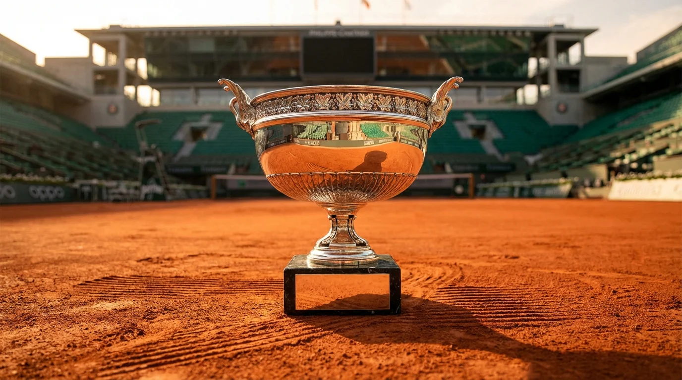 La Coupe des Mousquetaires posée sur la terre battue du court central de Roland Garros au soleil