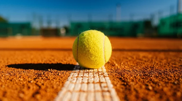 Balle de tennis sur la ligne blanche d'un court en terre battue rouge sous un ciel bleu