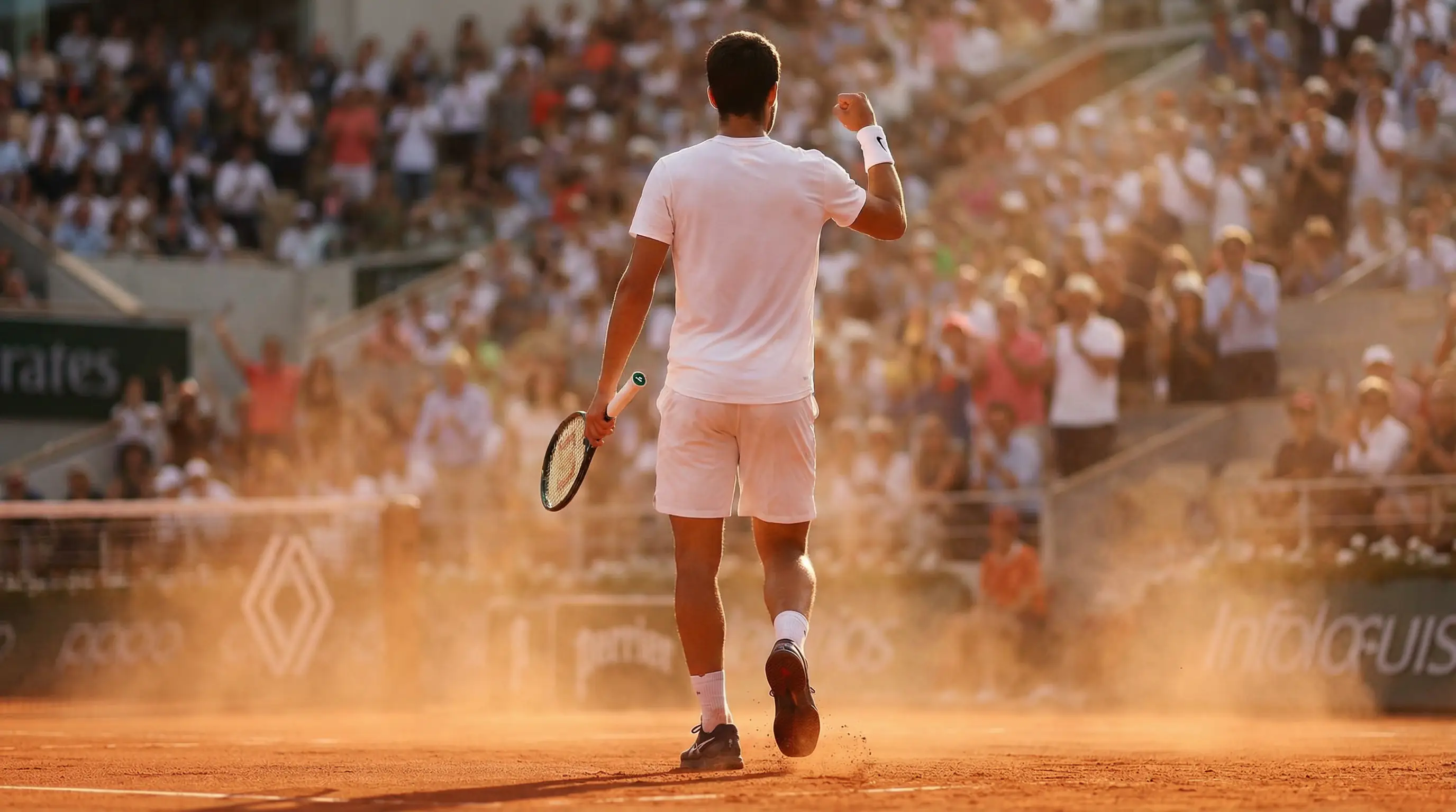Joueur de tennis célébrant un point gagné sur le court en terre battue avec le public en arrière-plan