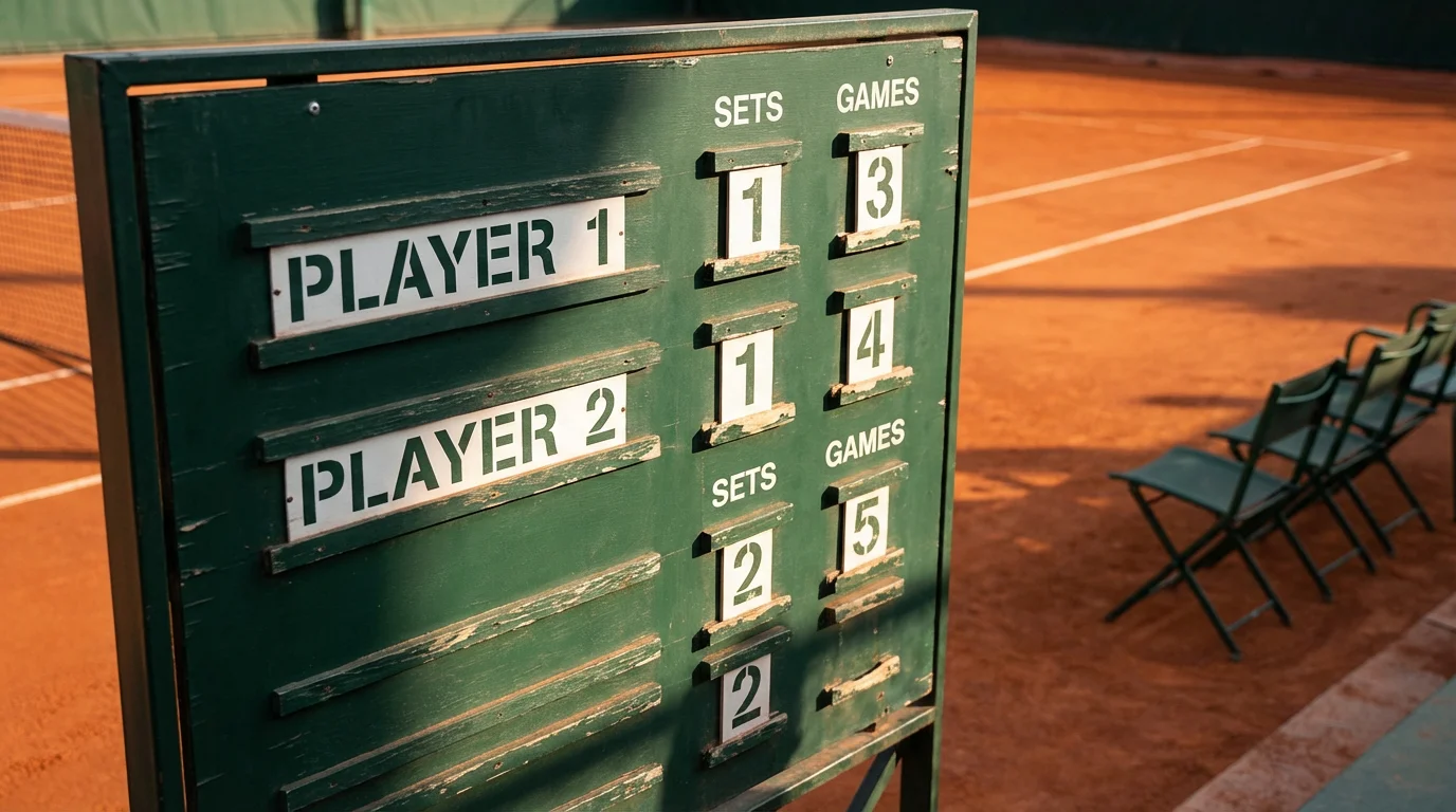 Tableau d'affichage des scores sur le court central de Roland Garros avec terre battue en arrière-plan