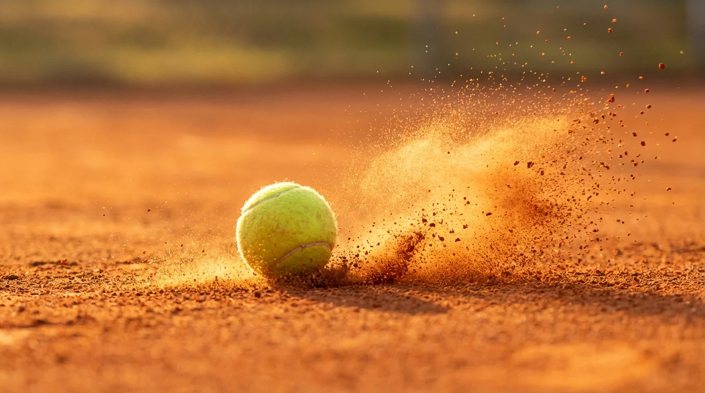 Gros plan sur une balle de tennis frappant la terre battue avec un nuage de poussière orange