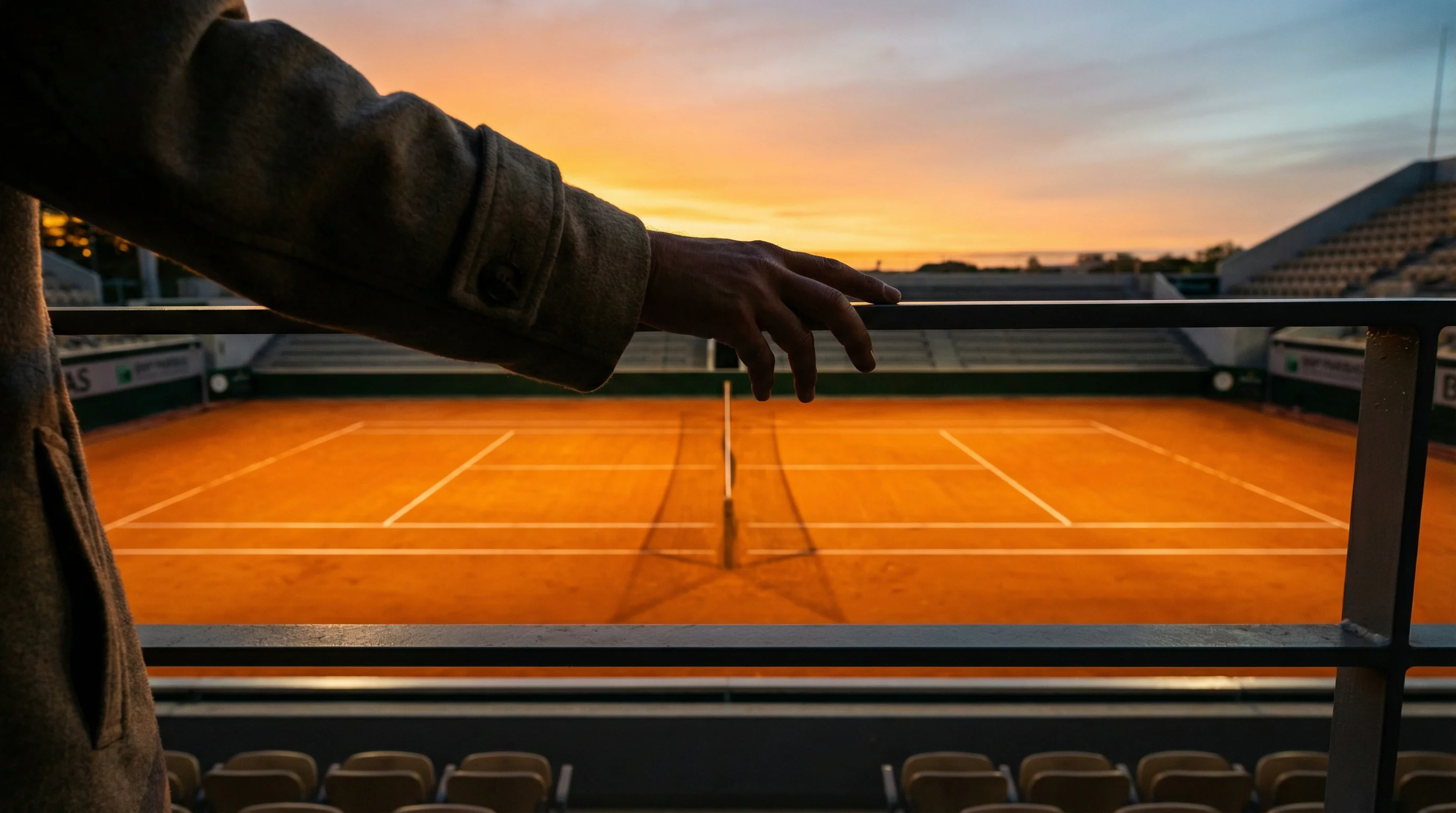 Main posée sur une rambarde regardant un court de tennis en terre battue vide à Roland Garros au coucher du soleil