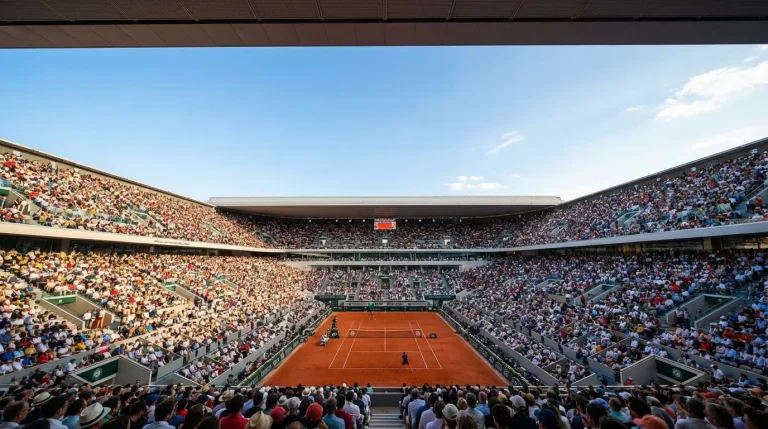Vue du court Philippe-Chatrier rempli de spectateurs avec un match en cours sur la terre battue