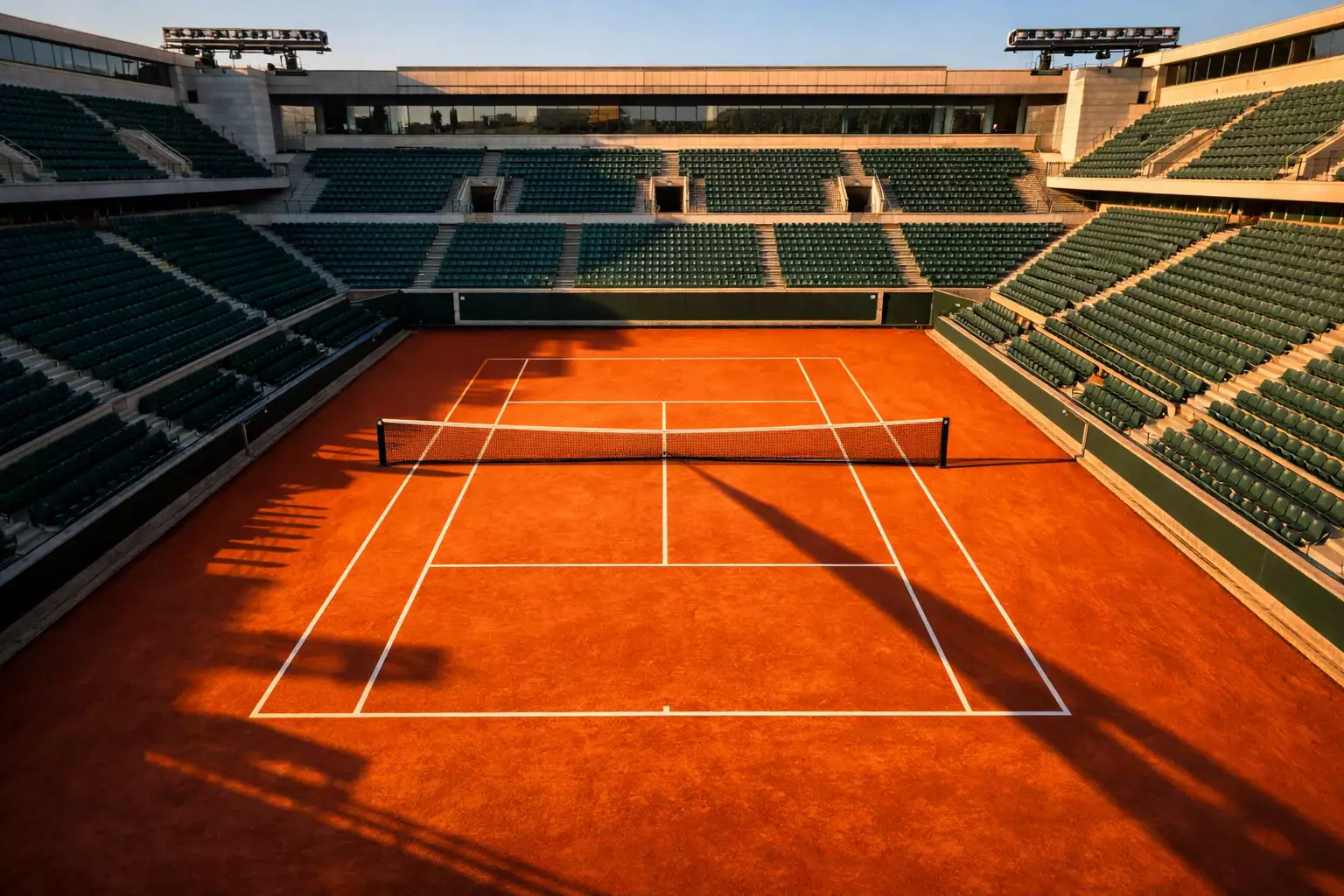 Court central de Roland Garros avec terre battue ocre et lignes blanches