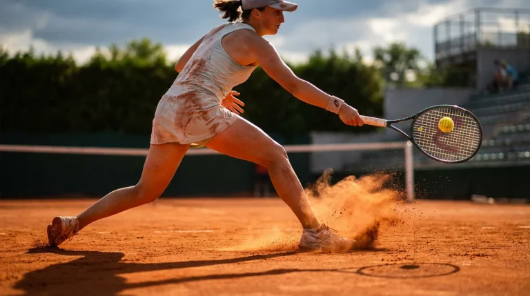 Joueuse de tennis frappant un coup droit puissant avec de la poussière de terre battue soulevée par ses pieds