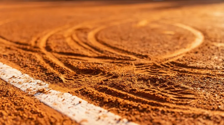 Vue rapprochée des traces de glissade sur la terre battue rouge d'un court de tennis à Roland Garros