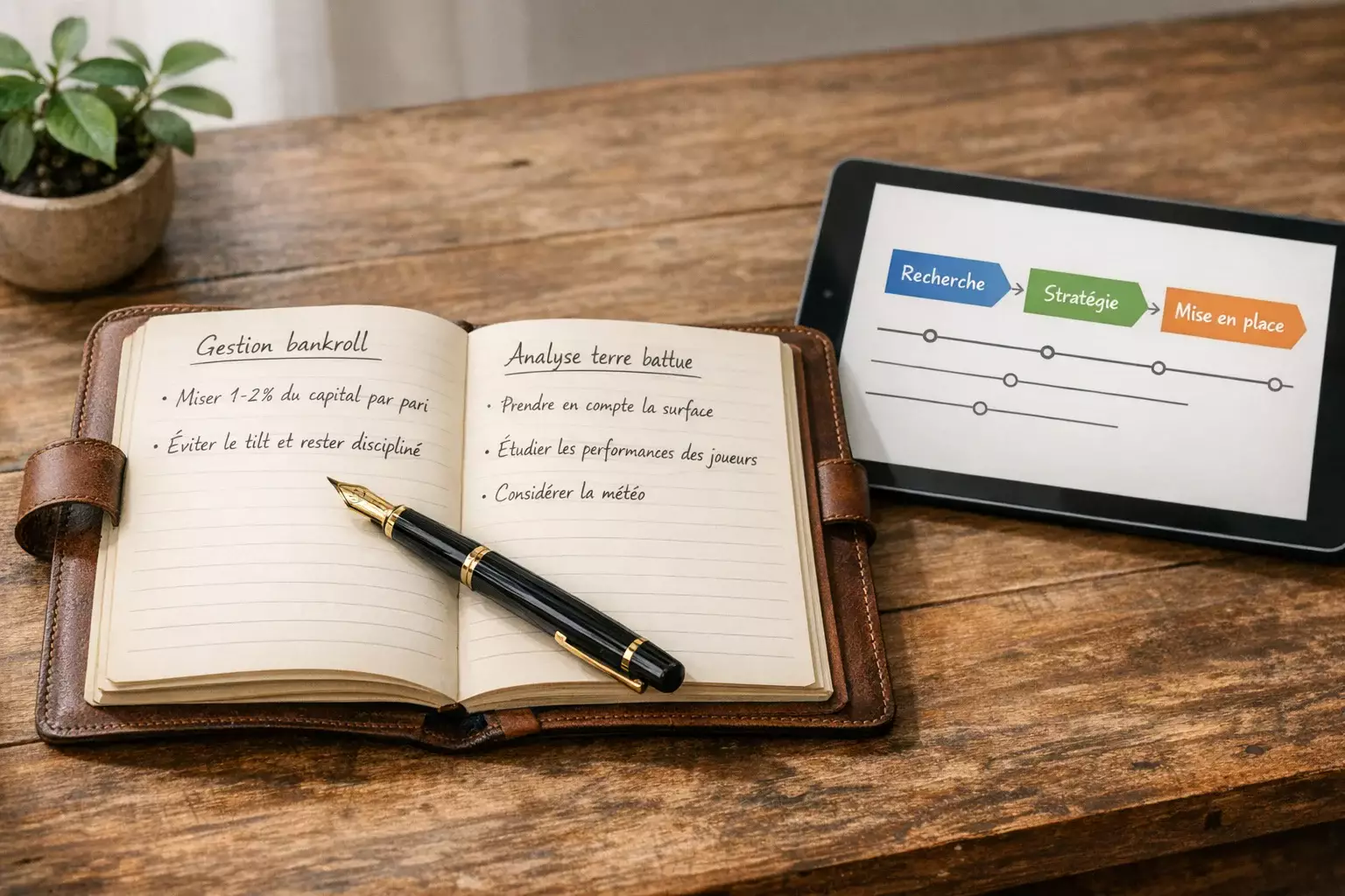 Carnet de notes avec stratégies de paris et stylo sur bureau
