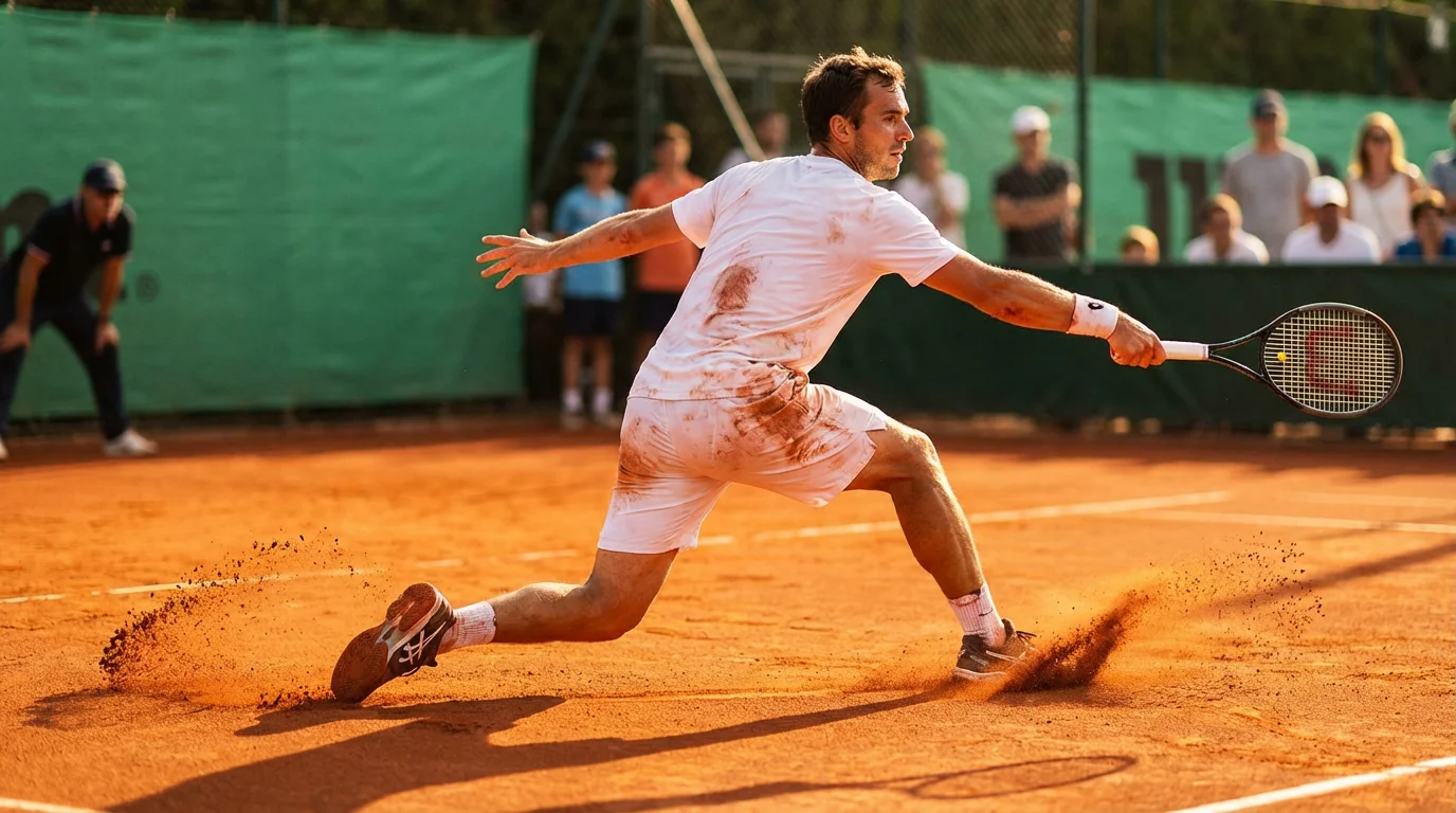 Joueur de tennis glissant sur la terre battue pour frapper un revers lors d'un match à Roland Garros