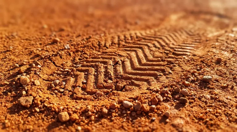 Gros plan sur la surface de terre battue orange montrant la texture de la brique pilée et une empreinte de chaussure