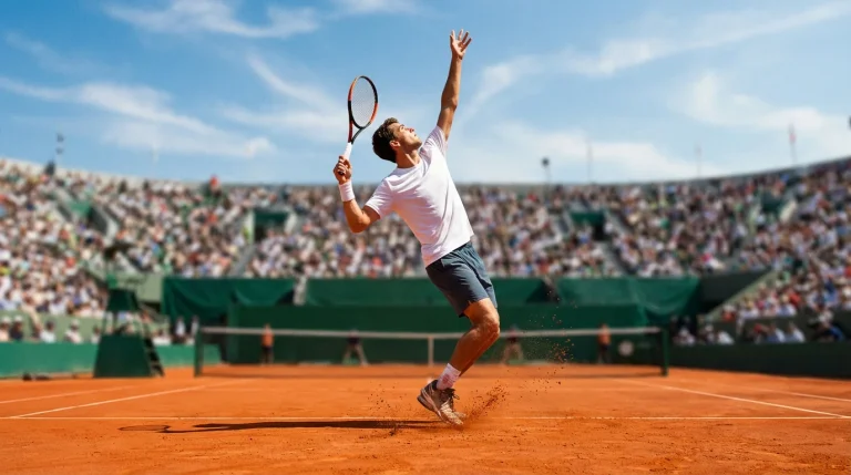 Joueur de tennis en plein service sur le court en terre battue de Roland Garros sous un ciel lumineux