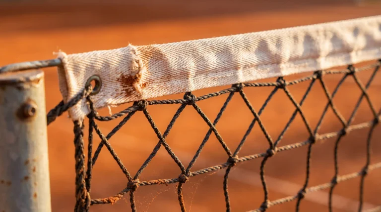 Gros plan sur un filet de tennis avec le court en terre battue orangée flou en arrière-plan