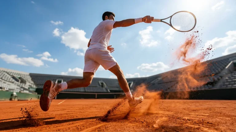 Joueur de tennis frappant un coup droit sur terre battue lors d'un match à Roland Garros