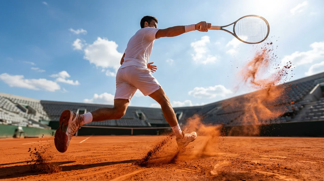 Joueur de tennis frappant un coup droit sur terre battue lors d'un match à Roland Garros
